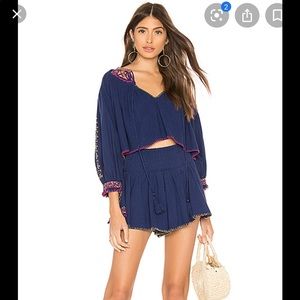 Free People Navy Blue Embroidered Two-Piece Top and Shorts Set